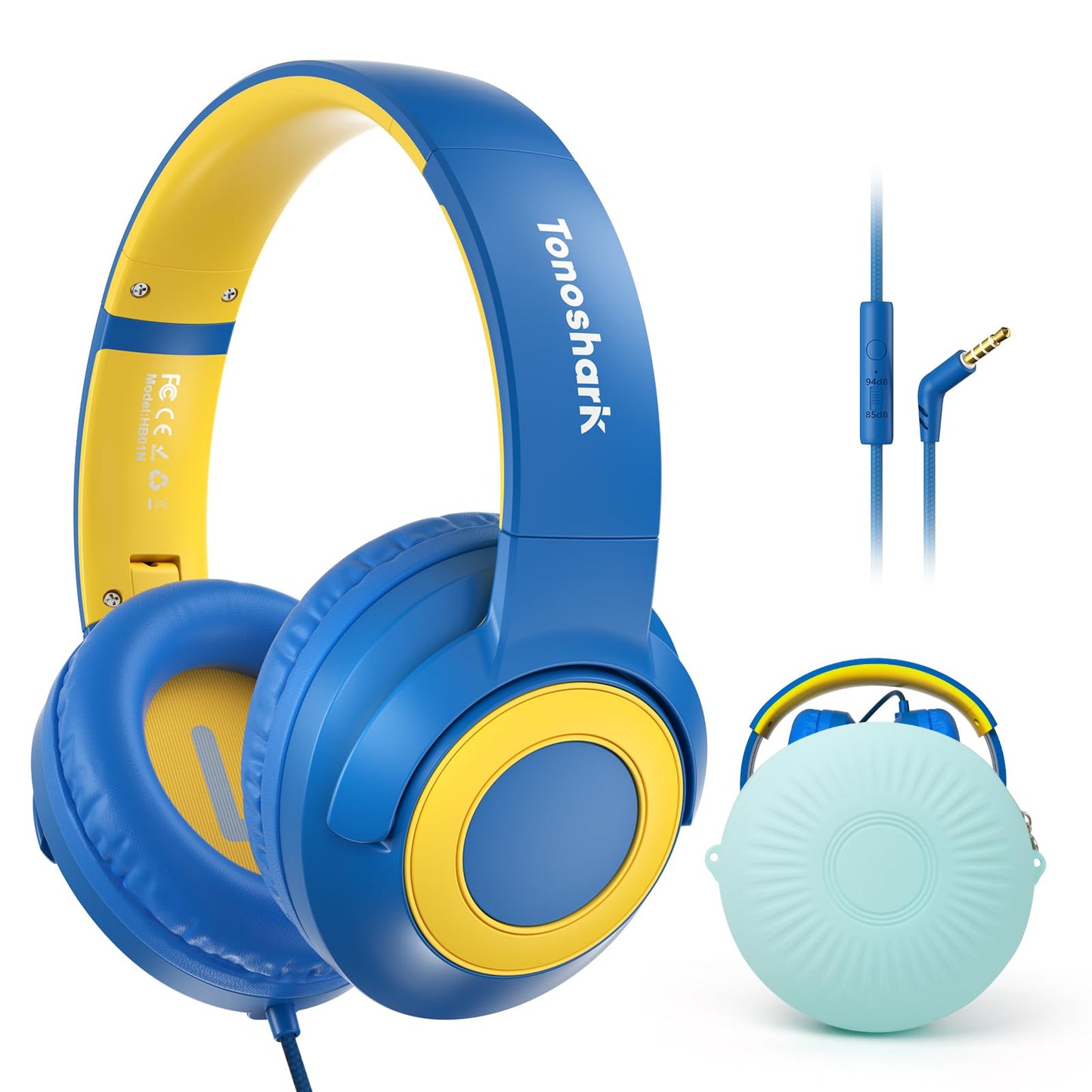TONOSHARK Kids Wired Headphones with Microphone, Volume Limited to 85/94dB, Foldable 3.5mm Jack Headset for Girls, Pink Over-Ear Headphones for School, Study & Travel, Includes Carry Case（Blue）