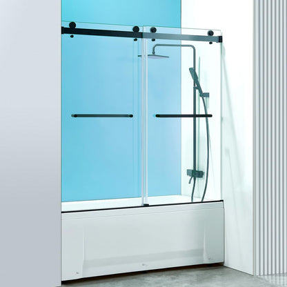 YTTSOYTS 56-60" W x 60" H Frameless Double Sliding Tub Door Bathtub Shower Door, Frameless Tub Door with 5/16" (8mm) Clear SGCC Tempered Glass, Stainless Steel Hardware (60"x60" Matte Black)
