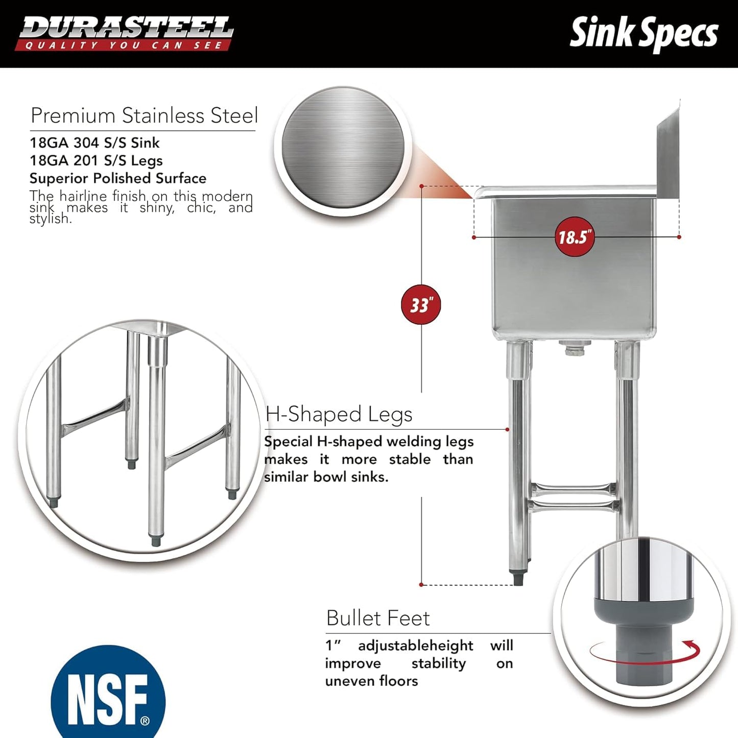 DuraSteel 304 Commercial Stainless Steel Utility Sink - 15 Inch Tub Freestanding Prep Kitchen Sink - NSF Hand Wash Station for Kitchen Sinks, Outdoor, Laundry Room, Garage Slop Small Kitchenette