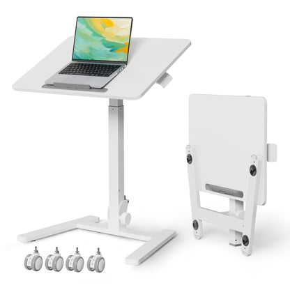 Gibbon Mounts Foldable Standing Desk，Small Mobile Sit-Stand Desk with 90 Tiltable Top，Rolling Rising Laptop Workstation Adjustable Height，Portable Table on Hidden Wheels/4 Lockable Casters，White