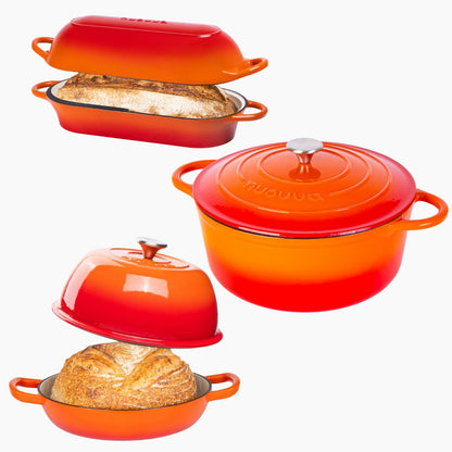Nuovva Enamelled Cast Iron Cookware Bundle – Dutch Oven Pot with Lid, Casserole Dish & Bread Loaf Pan – Premium Ovenproof Cookware Set for Baking, Roasting & Everyday Cooking