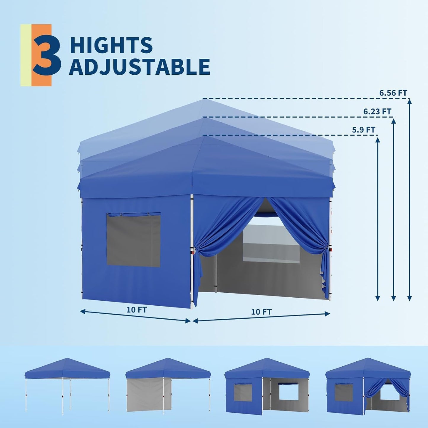 10x10 Pop Up Canopy Tent with 4 Sidewalls, Easy Up Camping Tent with One Button Push Setup, 3 Adjustable Height Outdoor Party Tents with 4 Weight Bags for Outdoor Events, Camping, Blue