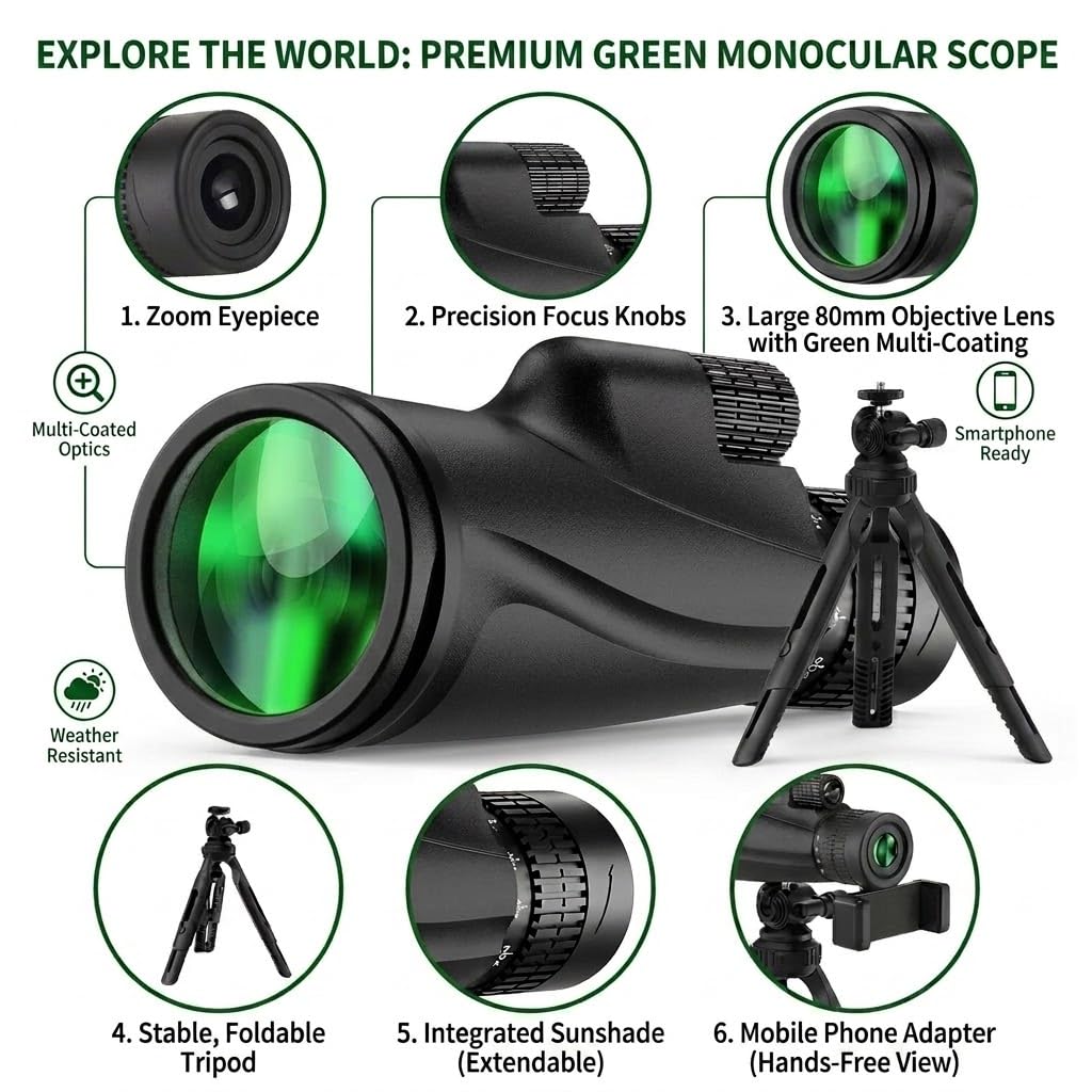 Monocular-Telescope 80x100 High Powered Monoculars High Definition for Adults High Powered with Smartphone Adapter Telescope Bird Watching Travel Camping Hiking