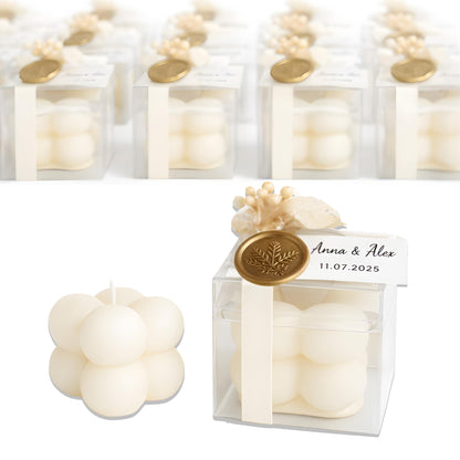 Personalized Bubble Candle Favors with Dried Flowers & Wax Seal – Soy Wax Wedding & Bridal, Baby Shower Bulk Event Gifts (10–200 pcs)