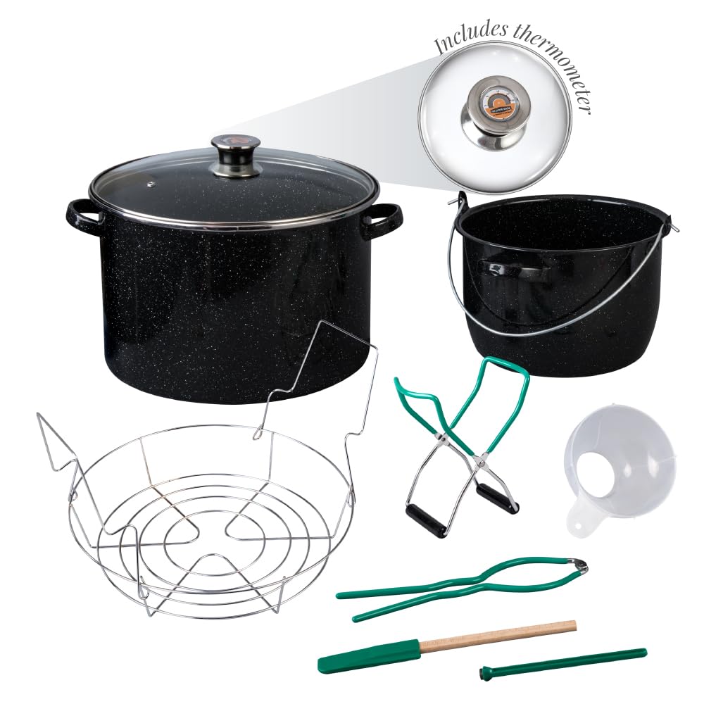 Granite Ware 21.5 Qt Heavy Gauge - 9 Piece water bath canning pot (Speckled Black) with canning toolset, rack and preserving kettle.