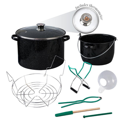 Granite Ware 21.5 Qt Heavy Gauge - 9 Piece water bath canning pot (Speckled Black) with canning toolset, rack and preserving kettle.