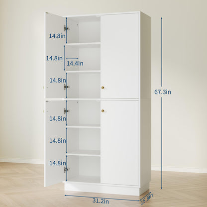 Garvee Kitchen Pantry Cabinet, 68'' Pantry Storage Cabinet with 4 Doors and 4 Adjustable Shelves, Wooden Freestanding Cupboard for Kitchen, Dining Room and Living Room and Bedroom, White