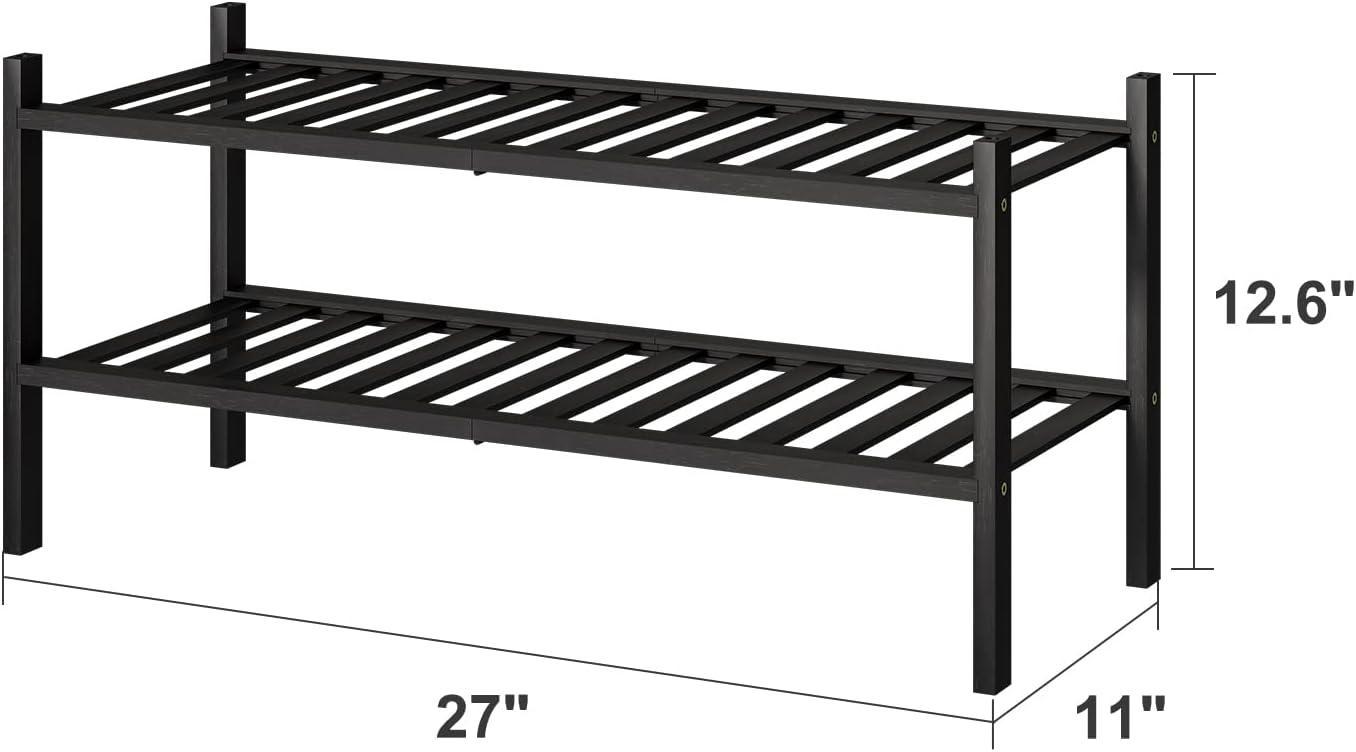 Viewcare 2-Tier Black Bamboo Shoe Rack - Stackable & Foldable Shoe Shelf Organizer for Entryway