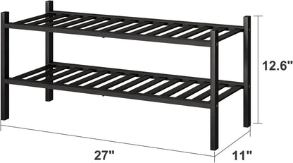 Viewcare 2-Tier Black Bamboo Shoe Rack - Stackable & Foldable Shoe Shelf Organizer for Entryway