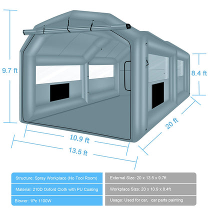 XHYCPY Inflatable Paint Booth 20 x 13.5 x 9.7ft Portable Inflatable Spray Booth Tent with 1100W Blower for DIY Spray Car Parts Painting