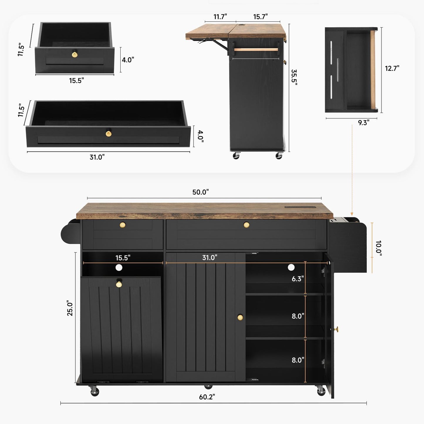 ComfyCorner 60" Rolling Large Kitchen Island on Wheels with Extendable Table, Drop Leaf & Power Outlet, Mobile Kitchen Cart with Storage Cabinet, 2 Drawers, Spice Rack, Towel & Knife Holder, Black