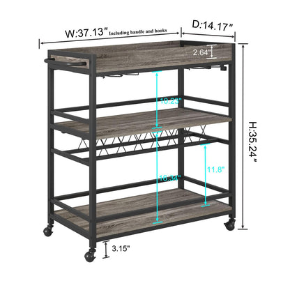 BON AUGURE Bar Cart, Home Bar Serving Cart on Wheels, Mobile 3 Tier Liquor Beverage Carts with Wine Rack and Glass Holder (Grey Oak)
