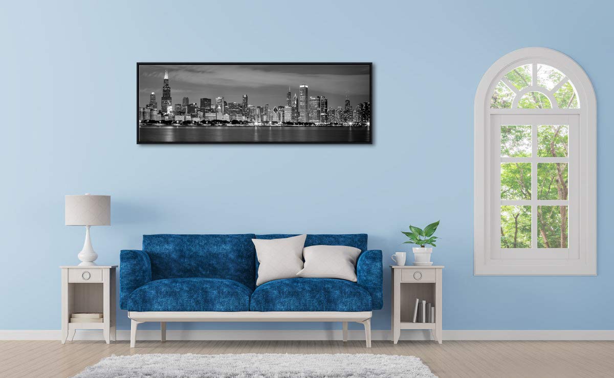 Wieco Art New York Manhattan Night View in Black and White Giclee Canvas Prints Modern Stretched and Framed Art work Cityscape Pictures Paintings on Canvas Wall Art for Bedroom Home Decorations