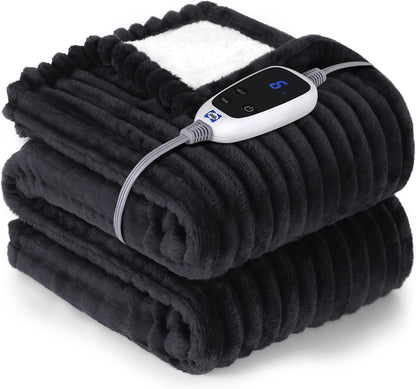 SEALY Electric Blanket Full Size, Soft Ribbed Flannel to Sherpa Reversible Heated Blanket with 10 Heat Settings & 1-12 Hours Auto-Off Overheat Protection, Machine Washable, 72"x84" Beige