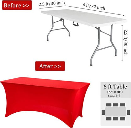 JALANCY 2 Pack 6FT Spandex Table Covers Washable Wrinkle Resistant Stretch Table Cloth for Folding Table Wedding Party Birthday Banquet Bar Events（Red）