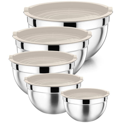 P&P CHEF Mixing Bowls with Airtight Lids Set of 5, 10-Piece Stainless Steel Mixing Nesting Bowl, Metal Bowl with Lid for Kitchen Prepping & Storing, Size 4.6, 3, 1.5, 1, 0.7 QT, Khaki