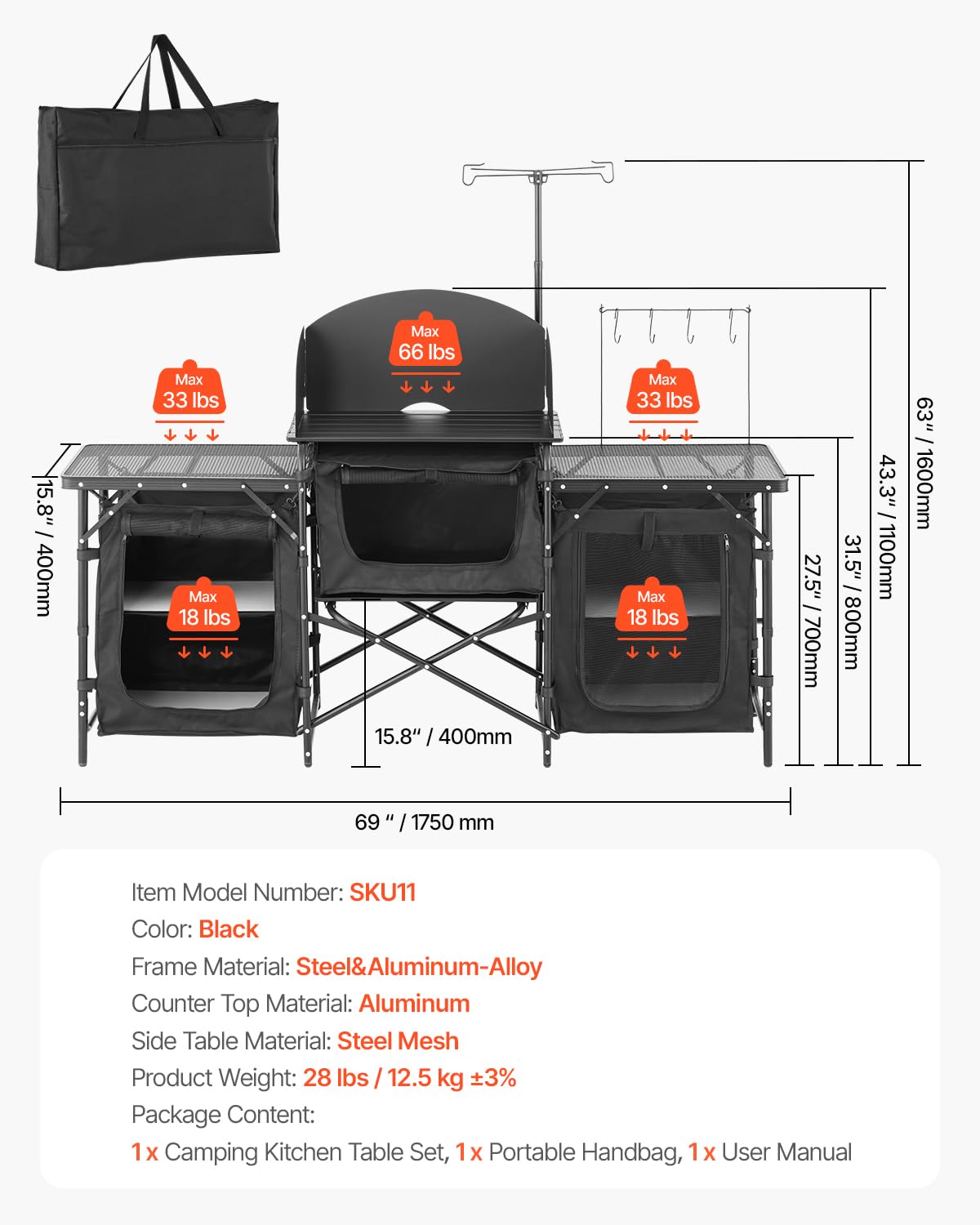 VEVOR Camping Kitchen Table, Outdoor Camp Cooking Table, Aluminum Portable Cook Station with 3 Storage Cupboard, Carrying Bag, Detachable Windscreen, Quick Set-up for BBQ Party Picnic RV Travel, Black