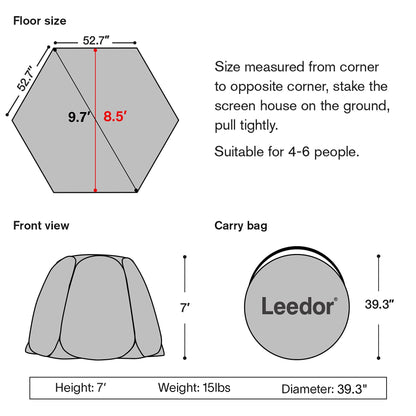 LEEDOR® Pop Up Screen House, 4-6 Person Outdoor Screen Tent, Camping Screen Room with Carry Bag, Screen Gazebo with Mosquito Netting, Instant Sun Shelter for Garden, Patio, Backyard 10'x10'