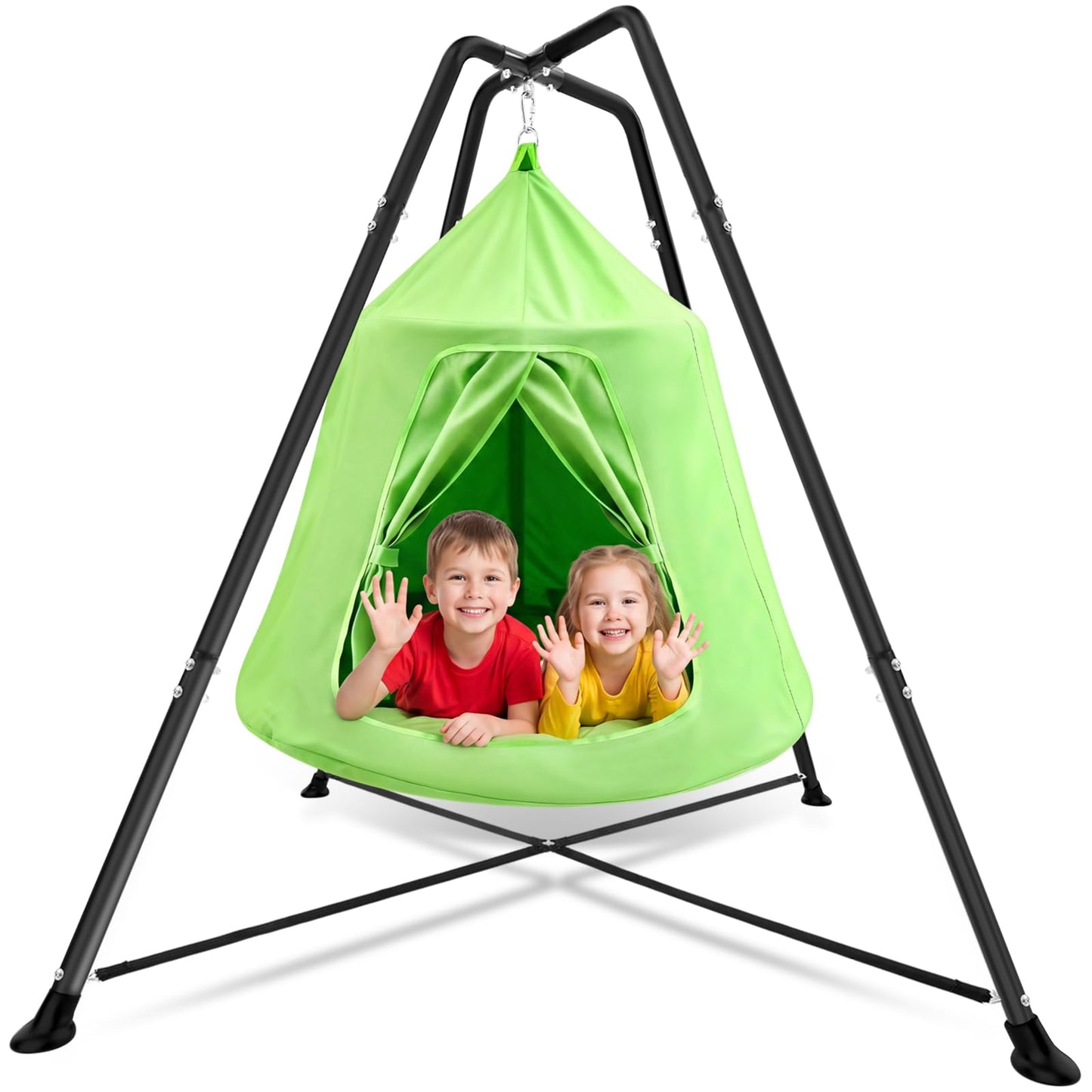 LaRandom X-Shaped Swing Stand Frame with Tent Sensory Swing for Kids Adults Indoor Outdoor Use 330 Lbs Capacity Detachable Heavy Duty Hanging Chair Hammock Nest Pod with Stand for Mutiple Kids(Green)