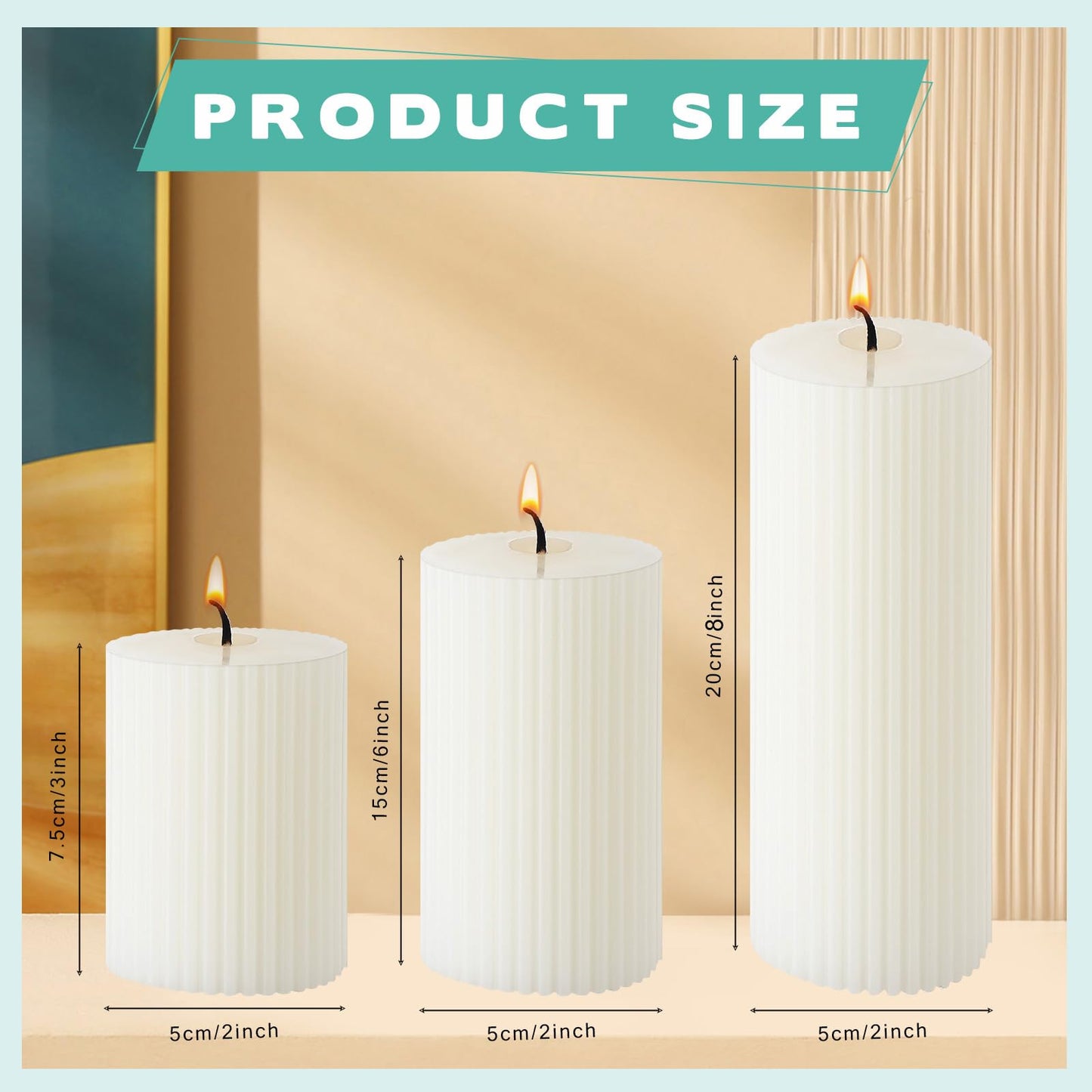 Set of 12 Ribbed Pillar Candles Soy Wax Home Decor Modern White Candles with Cotton Wick for Wedding Home Restaurants Spa Church Decoration