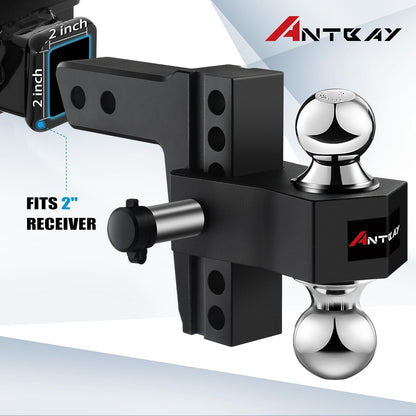 Adjustable Aluminum Trailer Hitch - Fits 2" Receiver, 6" Drop & Rise Dual Ball Mount (2" X 2-5/16") - 12,500 LBS GTW Towing Capacity with 2 Locking Pins for Trailers, Campers, Agricultural Machines