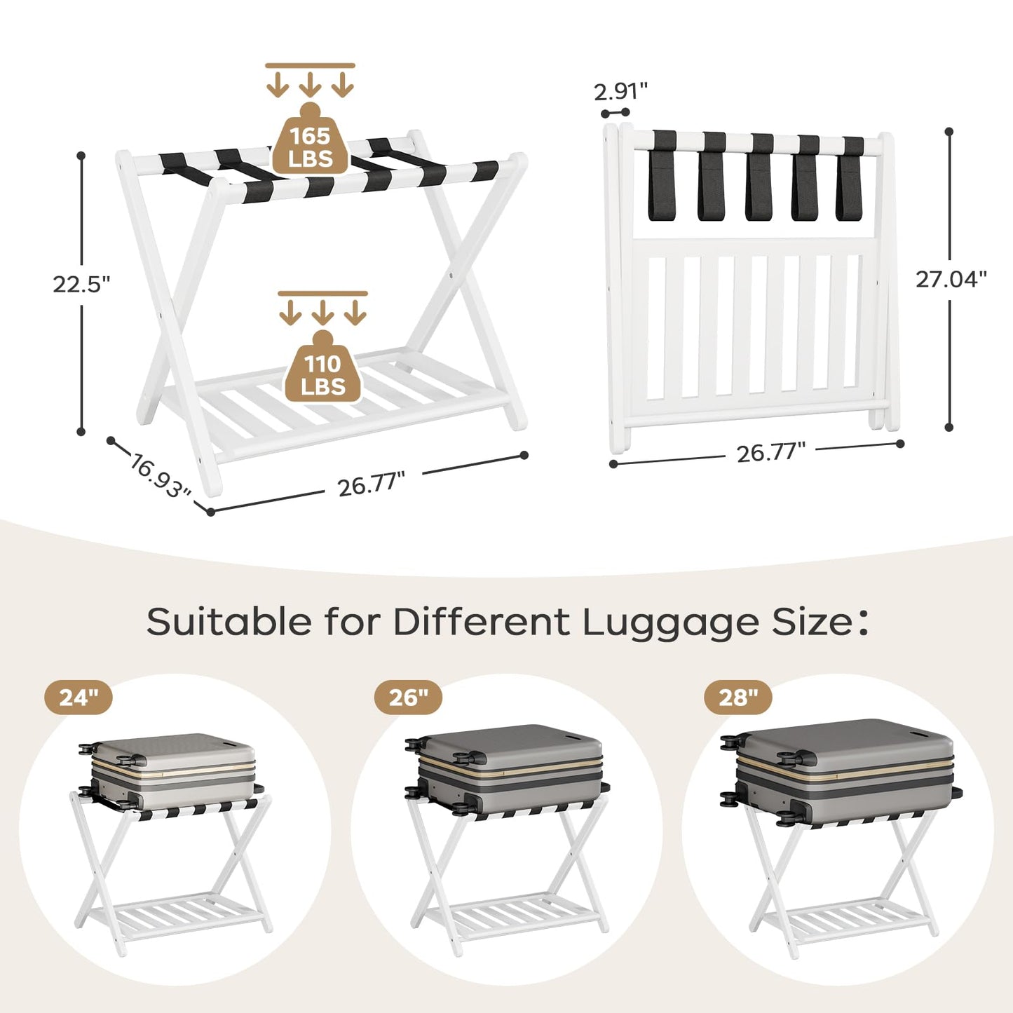 Oakvora Luggage Rack for Guest Room - Set of 2 Full Assembled 26.77" L Luggage Rack Stand for Suitcases, Foldable Luggage Holder with Shoe Shelf for Bedroom, Hotel (White Bamboo Suitcase Stands)
