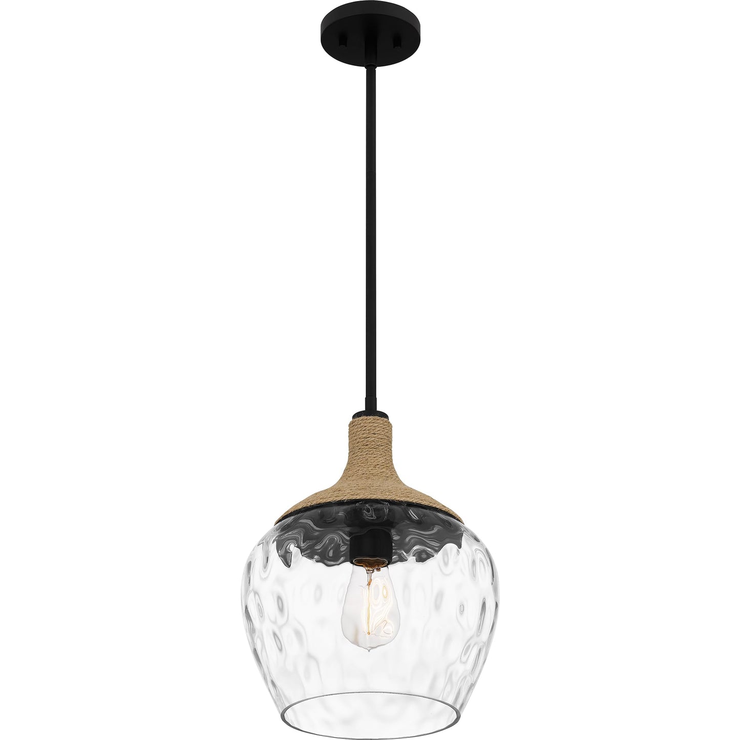 Quoizel Royer 1-Light Mini Pendant, Matte Black, Clear Water Glass with Rope Detail, Coastal Hanging Light for Kitchen, Bedroom or Bar
