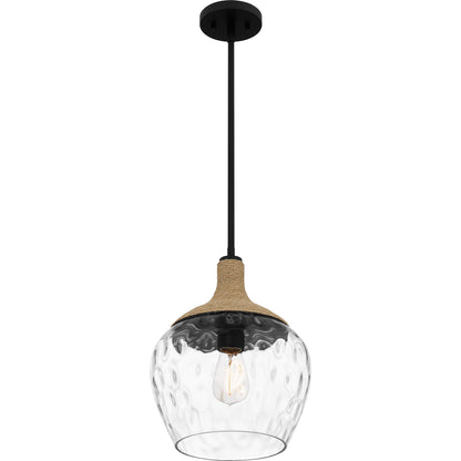 Quoizel Royer 1-Light Mini Pendant, Matte Black, Clear Water Glass with Rope Detail, Coastal Hanging Light for Kitchen, Bedroom or Bar