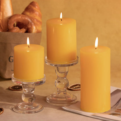 KONNI Yellow Pillar Candles Set of 3, 3"x 4" Unscented Pillar Candles Bulk, 39 Hours Long Burning Candles, Smokeless&Dripless Large Round Candle for Wedding, Home Decoration, Parties, Spas, Dinner