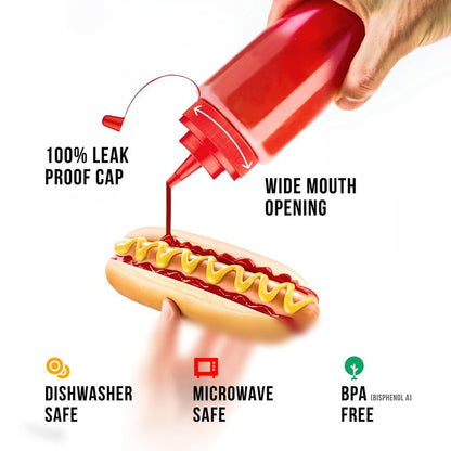 Norcalway 24 oz Large Condiment Squeeze Bottles for Sauces - Leak Proof - 4 Pack (XL)