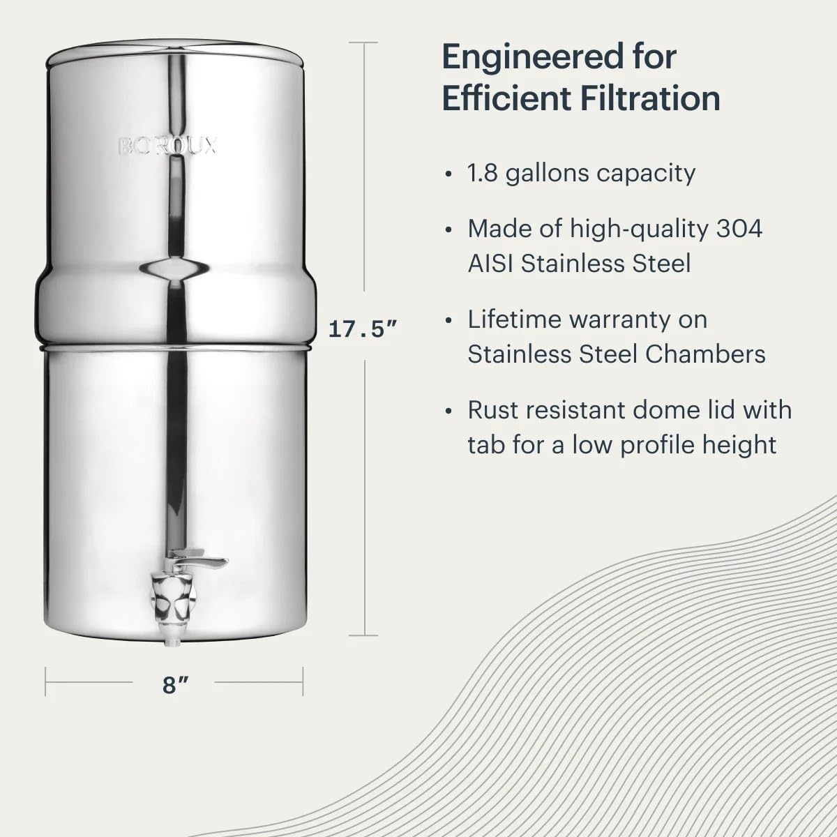 Boroux Compact Gravity-Fed Countertop Stainless Steel Water Filter System | 1.8 Gallons with 2 Authentic Black Foundation Filters