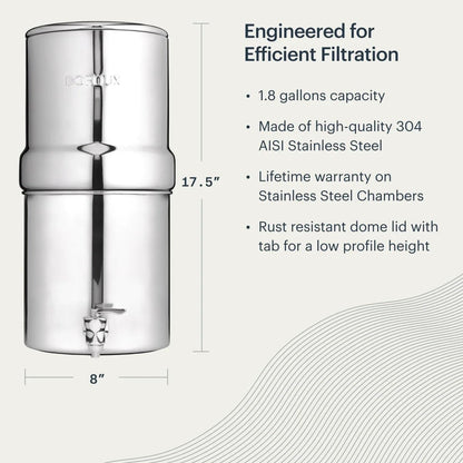 Boroux Compact Gravity-Fed Countertop Stainless Steel Water Filter System | 1.8 Gallons with 2 Authentic Black Foundation Filters