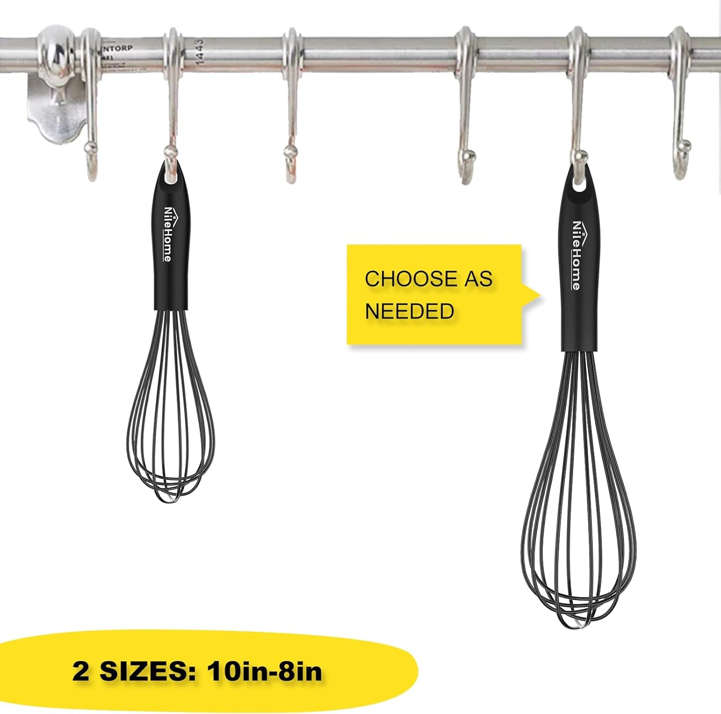 NileHome Silicone Whisk Set - Versatile 8" & 10" Kitchen Whisks for Cooking & Baking - Black