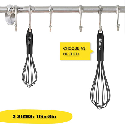 NileHome Silicone Whisk Set - Versatile 8" & 10" Kitchen Whisks for Cooking & Baking - Black
