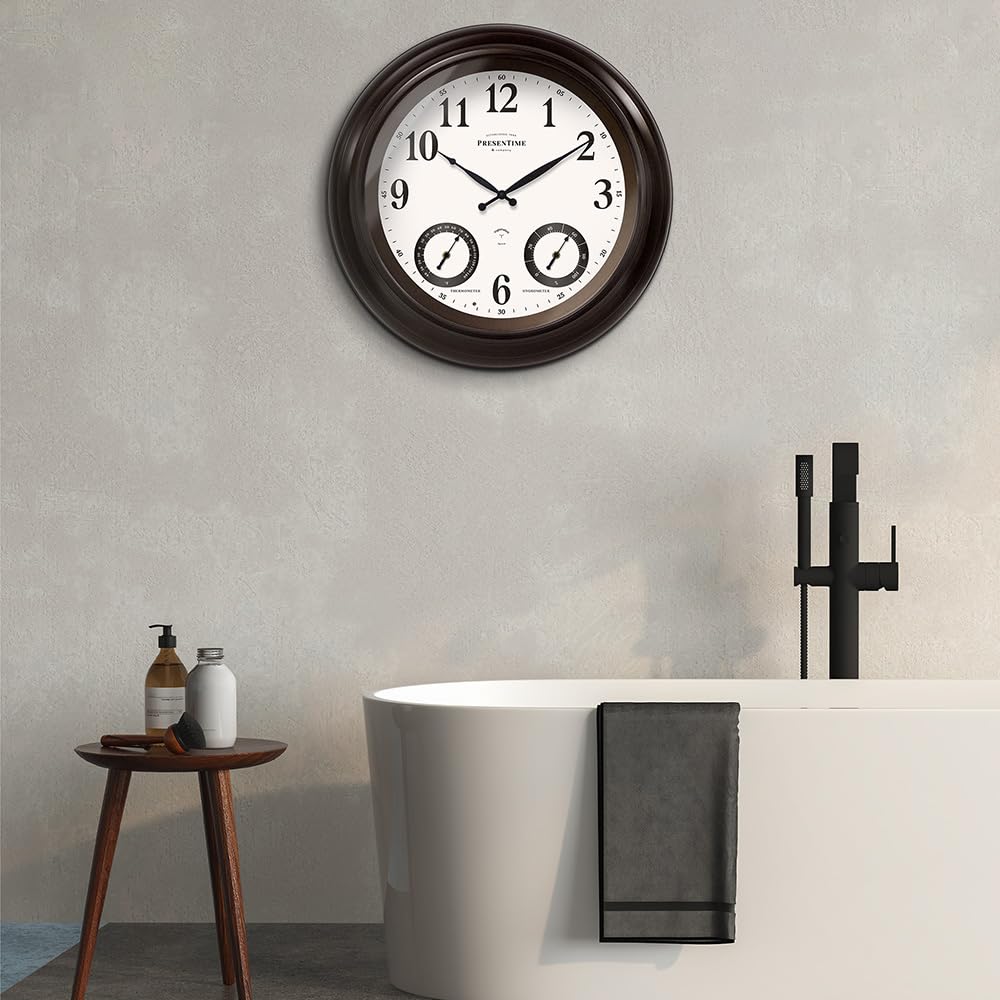 PresenTime & Co 24" Jameson Illuminated In/Outdoor Clock, Modern Farmhouse, Self-Illuminated, Waterproof, Weather Station (Thermometer & Hygrometer), Metal Clock, Oil Rubbed Bronze Finish(Night Light)