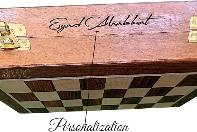 | Personalized Wooden Chess Set | Magnetic Folding Travel Chess Board with Storage &amp 2 Extra Queens (12 x 12 Inch Brown)