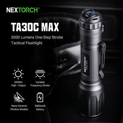NEXTORCH TA30C Max Tactical Flashlight, 3000 Lumens High Bright USB-C Rechargeable Handheld Light, 5 Modes Strobe Long Throw IPX8 Waterproof Heavy Duty Flashlight for Outdoor Adventure Daily Carry