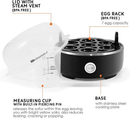 Elite Gourmet Easy Egg Cooker - Electric 7-Egg Capacity with Auto Shut-Off | Classic Black, BPA Free