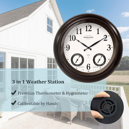PresenTime & Co 24" Jameson Illuminated In/Outdoor Clock, Modern Farmhouse, Self-Illuminated, Waterproof, Weather Station (Thermometer & Hygrometer), Metal Clock, Oil Rubbed Bronze Finish(Night Light)