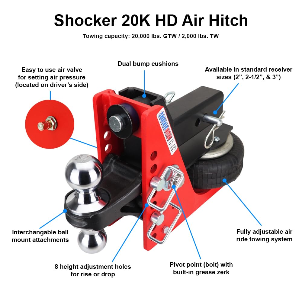Shocker HD 20K Air Hitch with Black Combo 2" & 2-5/16" Balls, Fits 2" Hitch - 20,000 lbs