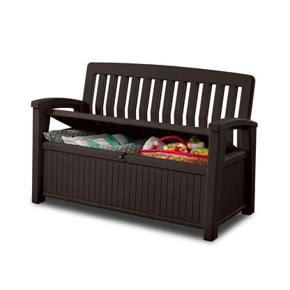 Keter 60 Gallon Storage Bench Deck Box for Patio Furniture, Front Porch Decor and Outdoor Seating – Perfect to Store Garden Tools