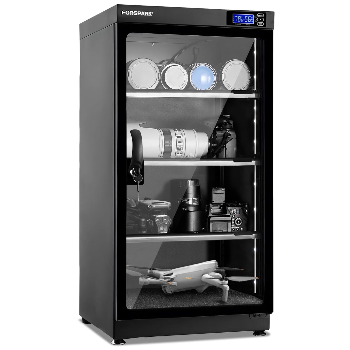 FORSPARK 100L Large Camera Dehumidifier Dry Cabinet, Quiet Humidity Control Storage with Lock & 3 Adjustable Shelves for DSLR, Lenses, Drones, Electronics - 8W Energy Efficient, Black
