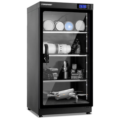 FORSPARK 100L Large Camera Dehumidifier Dry Cabinet, Quiet Humidity Control Storage with Lock & 3 Adjustable Shelves for DSLR, Lenses, Drones, Electronics - 8W Energy Efficient, Black