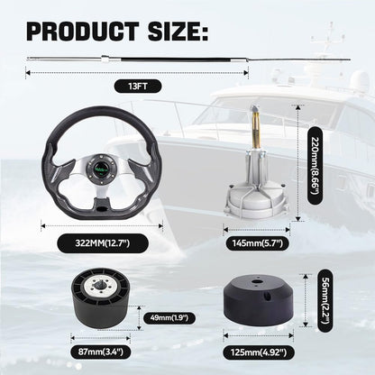 RASTP 13FT Boat Steering System, 13FT Outboard Steering Kit with 3/4" Tapered Shaft with 12.7 Inch Steering Wheel for Yachts, Fishing Boats & Watercraft