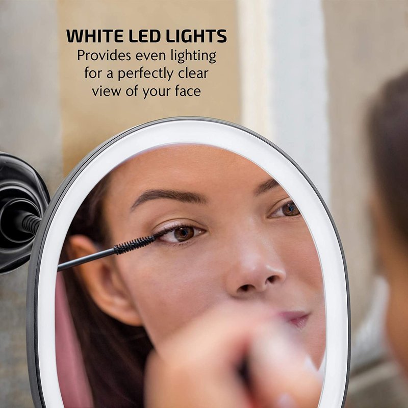 OVENTE 9'' Rechargeable Lighted Wall Mount Makeup Mirror for Bathroom with Mini Magnetic 10X Magnifying Mirror, Touch Screen Dimmable LED Lights, Flexible Gooseneck and Suction Mounting, Black MOW22B