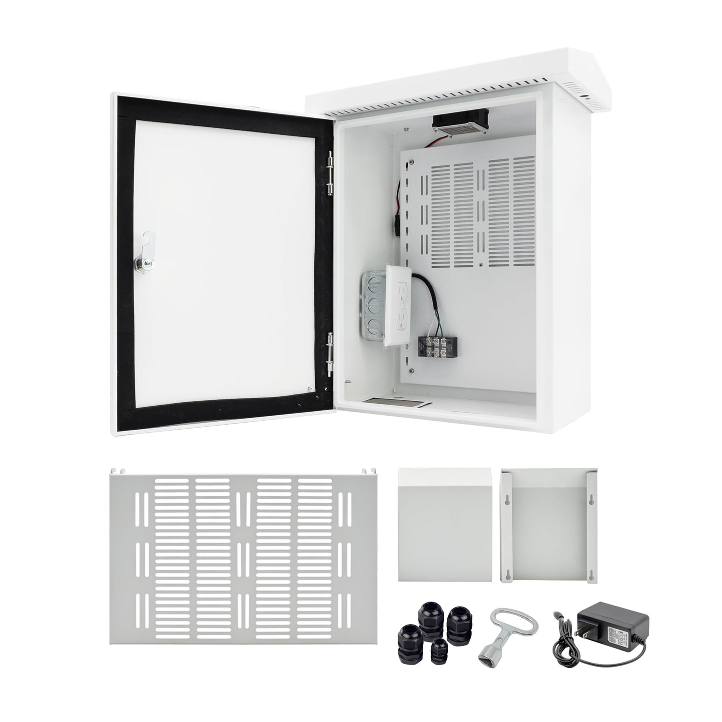 NEMA Outdoor Electrical Box (15.7″ x 11.8″ x 7.9″) Metal Enclosure, Universal IP Waterproof Equipment Box w/DC Fan & 12V Adapter, Removable DIY Mounting Plate, One-Piece Ventilation