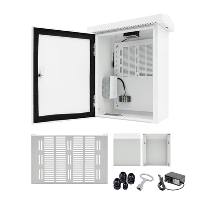 NEMA Outdoor Electrical Box (15.7″ x 11.8″ x 7.9″) Metal Enclosure, Universal IP Waterproof Equipment Box w/DC Fan & 12V Adapter, Removable DIY Mounting Plate, One-Piece Ventilation