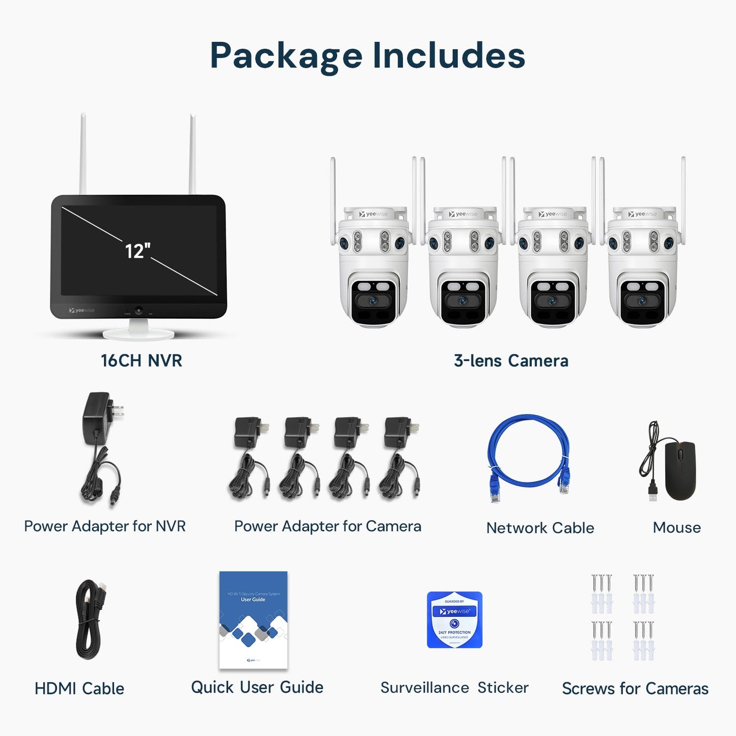 yeewise Triple Lens Wireless Security Camera System with 12" Monitor, 180° Wide View + 360° PTZ AI Tracking, WiFi 6, 16CH NVR, 24/7 Recording, 500GB HDD, No Monthly Fee, Plug-in Power