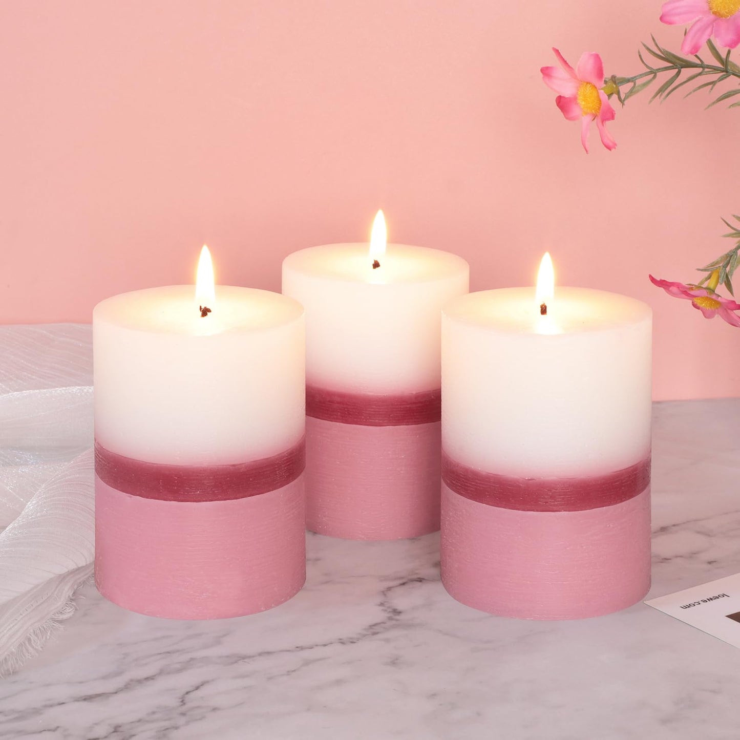 Cafemoon Floral Scented Pillar Candles Set of 3, 3x4 Inch Rustic Rough Texture Handmade Aromatherapy Candles, 35+ Hours Long Lasting Smokeless & Dripless for Home Decor Wedding Birthday Gift