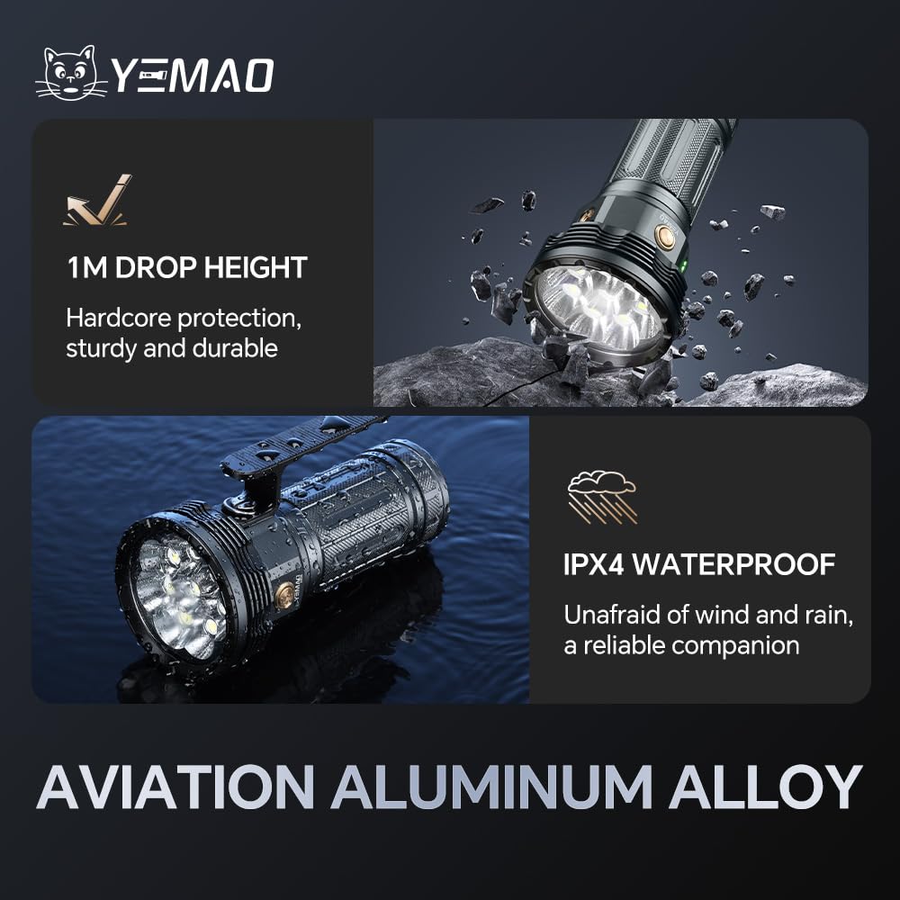 Yemao Rechargeable Flashlights 20000 High Lumens, Brightest Flashlight, Super Bright LED Flashlight Type C Charged, 5 Modes Long Lasting 60 Hours, for Emergencies, Camping, Outdoor, Caving